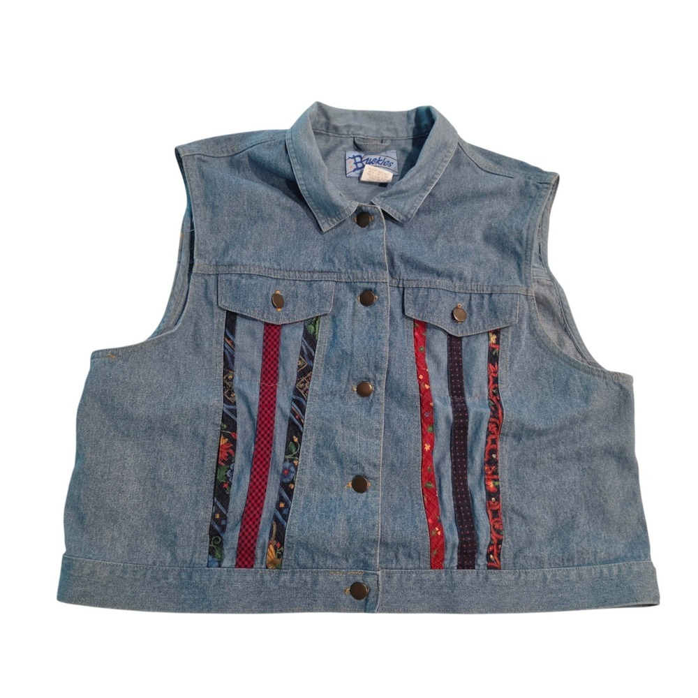 VTG 90's Buckles Womens Denim & Chambray Vest Blue Patchwork Western Boho USA XL